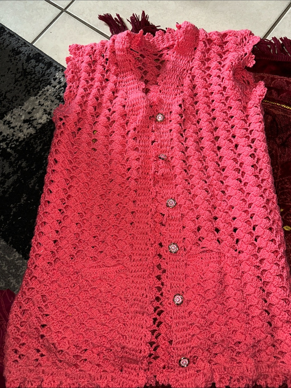 Crochet Off-the-Shoulder Sweater Cardigan in Hot Pink